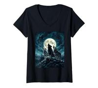 Women's Three Wolves Howling At The Moon Realistic Wolf Pack V-Neck T-Shirt