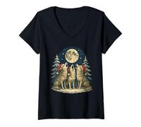 Womens Three Wolves Under Moon Christmas Santa Hat Wolf Lover V-Neck T-Shirt