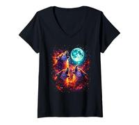 Women's Three Wolves Under Moon Wildlife Wolves Lovers V-Neck T-Shirt