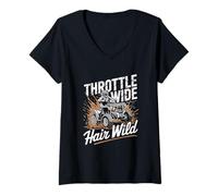 Womens Throttle Wide Hair Wild ATV Quad Off Road Rider V-Neck T-Shirt