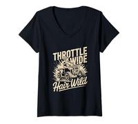 Womens Throttle Wide Hair Wild Women ATV Off Road Rider V-Neck T-Shirt