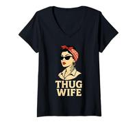 Womens Thug Wife Funny Vintage Retro Housewife Married Couple Women V-Neck T-Shirt
