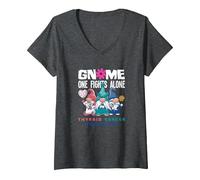 Women's Thyroid Cancer Awareness Gnome Nobody Fights Alone V-Neck T-Shirt, Dark Heather Grey, Medium