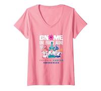 Women's Thyroid Cancer Awareness Gnome Nobody Fights Alone V-Neck T-Shirt, Pink, Large