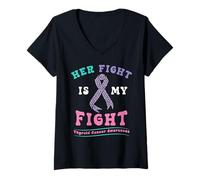 Womens Thyroid Cancer Her Fight My Fight Pink Teal Ribbon Awareness V-Neck T-Shirt