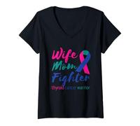 Womens Thyroidectomy Wife Mom Fighter Thyroid Cancer Warrior V-Neck T-Shirt