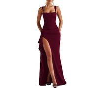 Women's Tie Dress Square Neck Evening Gown Floor Length Formal Dress | Square Neck Design Adjustable Straps Ruched Waist Side Slit Detail Smooth Fabric Floor Length Silhouette
