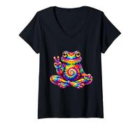 Women's Tie Dye Frog Peace Sign Hippie 60s 70s Trippy Psychedelic V-Neck T-Shirt