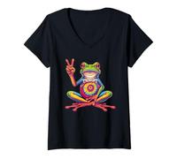 Women's Tie-Dye Frog Peace Sign Hippie, Rainbow Funny Frog Design V-Neck T-Shirt
