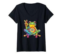 Women's Tie-Dye Frog Peace Sign Hippie, Rainbow Funny Frog Design V-Neck T-Shirt