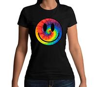 Womens Tie Dye Happy Smile Face Acid Rave T-Shirt Black UK 12-14 (XL)