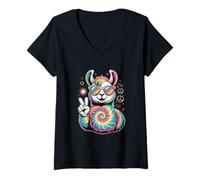 Women's Tie Dye Llama Sunglasses Peace Festival V-Neck T-Shirt