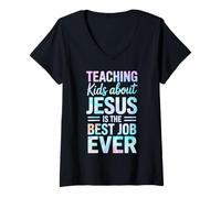 Womens Tie Dye Teaching Kids About Jesus is The Best Job Ever V-Neck T-Shirt