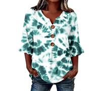 Women's Tie Dye V Neck Blouse Casual 3/4 Ruffle Sleeve Tunic Tops Ladies Spiral Pattern Button Up Shirts Summer Loose Fit tee Tops Green MR4 3XL