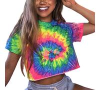 Women's Tie Dye Y2K Crop Tops Summer Colour Block Patchwork Short Sleeve Slim Fit Kawaii Crop T-Shirt Top E-Girl Street Fashion, Z12, XL