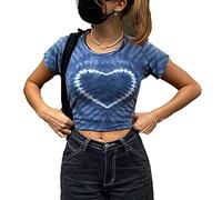 Women's Tie Dye Y2K Crop Tops Summer Colour Block Patchwork Short Sleeve Slim Fit Kawaii Crop T-Shirt Top E-Girl Street Fashion, Z14, L