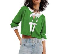 Womens Tie Front Cardigan Sweaters Crew Neck Long Sleeve Cable Knit Bow Knot Trendy Sweater Tops (Green, XL)