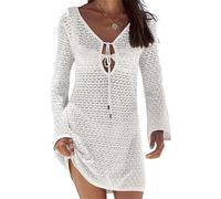 Women's Tie Front Crochet Cover Up Short Dress Flared Long Sleeves Hollow Out Beachwear Summer Semi Sheer Bathing Suit (A-White, L)
