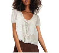 Womens Tie Front Ruffle Boho Tops Flowy Sheer Short Sleeve Lace Blouse Y2k Embroidered Babydoll Button Down Shirts, Patchwork-lace White, M