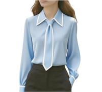 Women's Tie Neck Blouse Long Sleeve Collared Shirt Contrast Trim Detail Office Work Wear Casual Daily Top Loose Fit Pullover Button Down Peter Pan Collar Elegant Blouse Sky Blue
