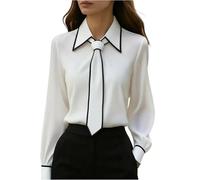 Women's Tie Neck Blouse Long Sleeve Collared Shirt Contrast Trim Detail Office Work Wear Casual Daily Top Loose Fit Pullover Button Down Peter Pan Collar Elegant Blouse White