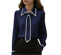 Women's Tie Neck Blouse Long Sleeve Collared Shirt Contrast Trim Detail Office Work Wear Casual Daily Top Loose Fit Pullover Button Down Peter Pan Collar Elegant Blouse Royal Blue