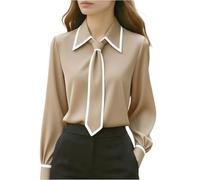 Women's Tie Neck Blouse Long Sleeve Collared Shirt Contrast Trim Detail Office Work Wear Casual Daily Top Loose Fit Pullover Button Down Peter Pan Collar Elegant Blouse Khaki
