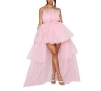 Women's Tiered High Low Prom Dress Bow Sash Tulle Homecoming Pageant Dresses Off Shoulder Ruffle Tutu Long Puffy Gown (Pink, Small)