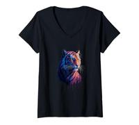 Womens Tiger Dripping Paint, Trendy Art Illustration Graphic V-Neck T-Shirt