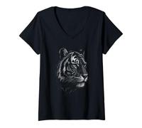 Womens Tiger Graphic Women Tee Tiger Face Head Print Grunge Vintage V-Neck T-Shirt