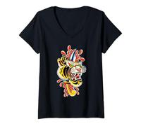 Womens Tiger Head Dagger Tattoo Flash V-Neck T-Shirt