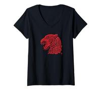 Women's Tiger Head Floral Peony Paper Cut Asian Art V-Neck T-Shirt