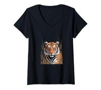 Women's Tiger Head in Grass Jungle Wildlife V-Neck T-Shirt