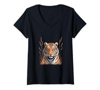 Women's Tiger Head in Grass Jungle Wildlife V-Neck T-Shirt