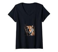 Women's Tiger Head in Grass Jungle Wildlife V-Neck T-Shirt