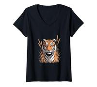 Women's Tiger Head in Grass Jungle Wildlife V-Neck T-Shirt