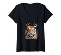 Women's Tiger Head in Grass Jungle Wildlife V-Neck T-Shirt