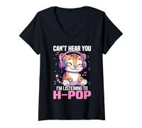 Womens Tiger Hong Kong PopCan't Hear You I'm Listening To H-Pop V-Neck T-Shirt
