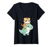 Womens Tiger Kitten Riding T-Rex Dinosaur Graphic V-Neck T-Shirt