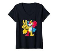 Women's Tiger Peace Sign Retro Pop Character Graphic Art Gesture V-Neck T-Shirt