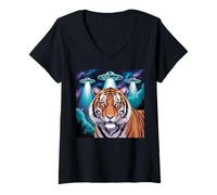 Womens Tiger Print Alien UFOs Tiger Decor Blue Tiger Costume Adult V-Neck T-Shirt
