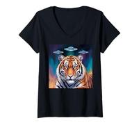 Womens Tiger Print Alien UFOs Tiger Decor Blue Tiger Costume Adult V-Neck T-Shirt