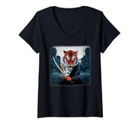 Womens Tiger Samurai Japanese Warrior Vintage V-Neck T-Shirt