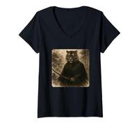Womens Tiger Samurai Warrior Katana Kimono Zen Sumi-E Vintage V-Neck T-Shirt