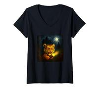 Womens Tiger Scary Horror Night Flashlight Halloween Ghost V-Neck T-Shirt