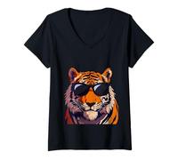 Womens Tiger Sunglasses Birthday Costume Pajama Zoo Men Womens Kids V-Neck T-Shirt