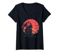 Women's Tiger Warrior Japanese Sunset Ukiyo-e Art Graphic V-Neck T-Shirt