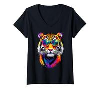 Womens Tiger with Sunglasses I Love Tigers Wild Big Cats Cute Tiger V-Neck T-Shirt