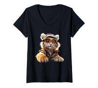 Womens Tiger with Sunglasses I Love Tigers Wild Big Cats Cute Tiger V-Neck T-Shirt