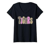 Womens Tigers School Spirit Game Day Tiger Pride Leopard Print Pink V-Neck T-Shirt